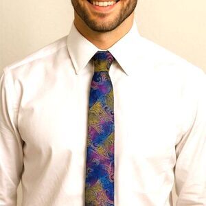 Robert Lewis Vibrant Colorful Jacquard Paisley Print 100% Silk Long Tie